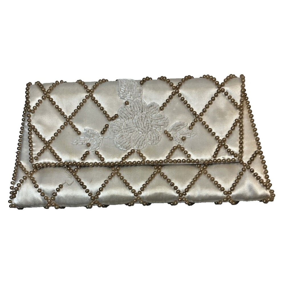 MCM Evening Bag Clutch Purse Gold Beaded Ivory Satin Rose Appliqué Japan Vintage